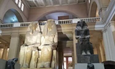 Egyptian Museum in Tahrir Square with ancient Egyptian artifacts on display.