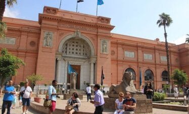 Egyptian Museum in Tahrir Square with ancient Egyptian artifacts on display.