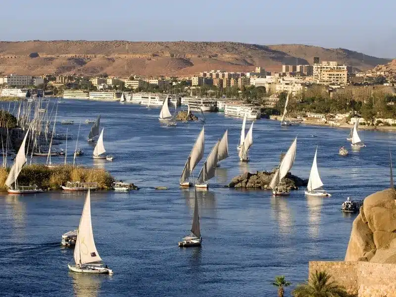 The Nile River flowing peacefully through Aswan, southern Egypt