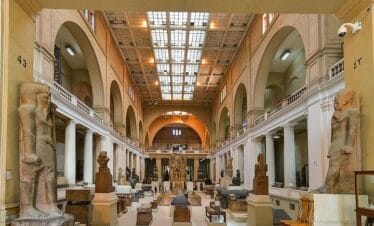 Egyptian Museum in Tahrir Square with ancient Egyptian artifacts on display.