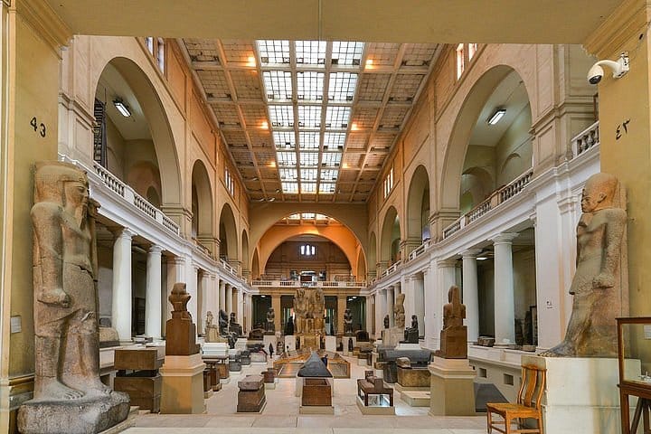 Egyptian Museum in Tahrir Square with ancient Egyptian artifacts on display.