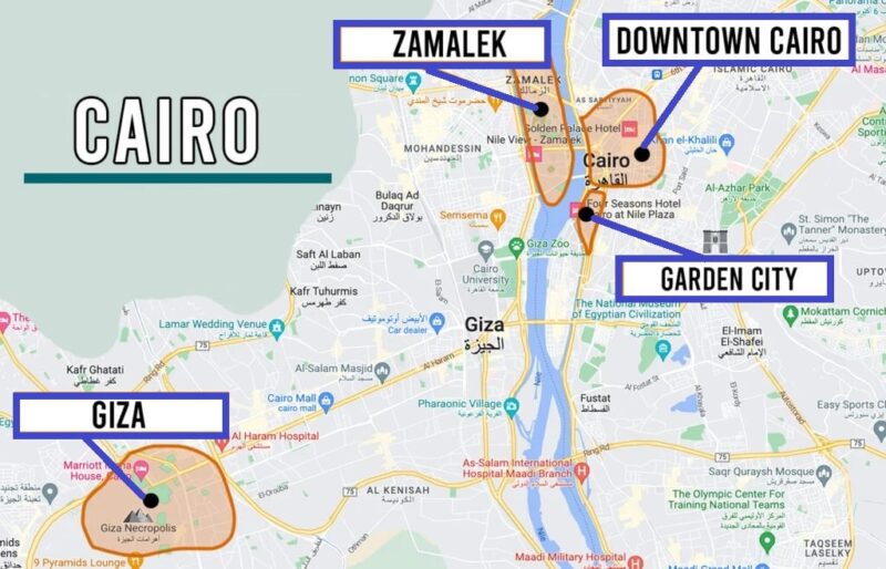 Map showing the best areas to stay in Cairo for tourists including Giza, Zamalek, Downtown Cairo, and Maadi