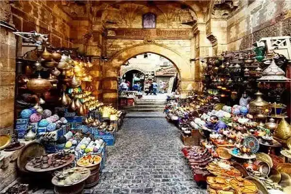 Al-Muizz Street & Khan el-Khalili Crowded Khan El Khalili market in Cairo with traditional shops and lanterns
