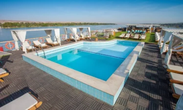 swimming pool and relaxation area on Acamar Nile Cruise