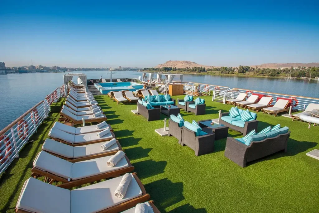 swimming pool and relaxation area on Acamar Nile Cruise