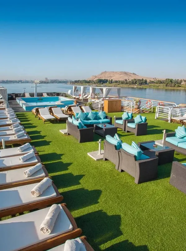 swimming pool and relaxation area on Acamar Nile Cruise
