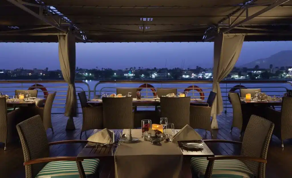 dining area on Acamar Nile Cruise with Nile River view