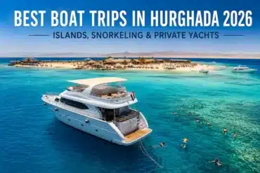 Luxury yacht and snorkelers near a Red Sea island on one of the best boat trips in Hurghada, Egypt in 2026