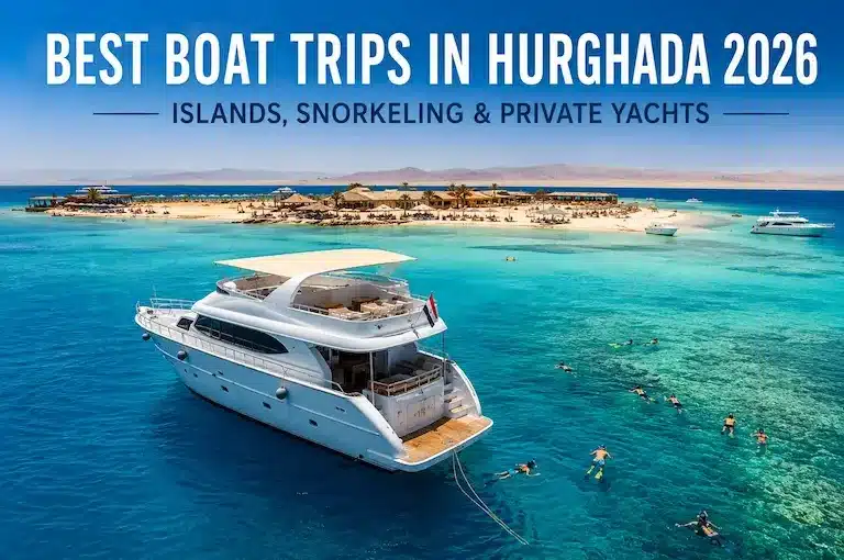 Luxury yacht and snorkelers near a Red Sea island on one of the best boat trips in Hurghada, Egypt in 2026