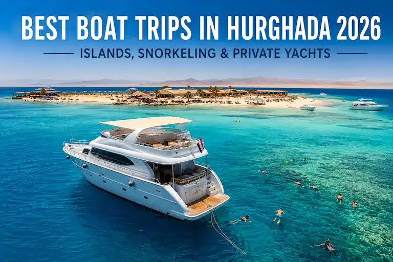 Luxury yacht and snorkelers near a Red Sea island on one of the best boat trips in Hurghada, Egypt in 2026