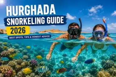 Tourists snorkeling above colorful coral reefs in Hurghada Red Sea Egypt