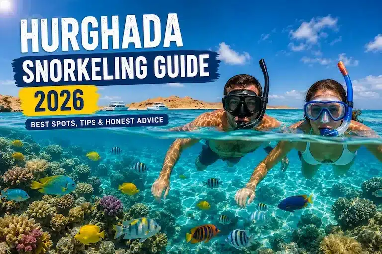 Tourists snorkeling above colorful coral reefs in Hurghada Red Sea Egypt