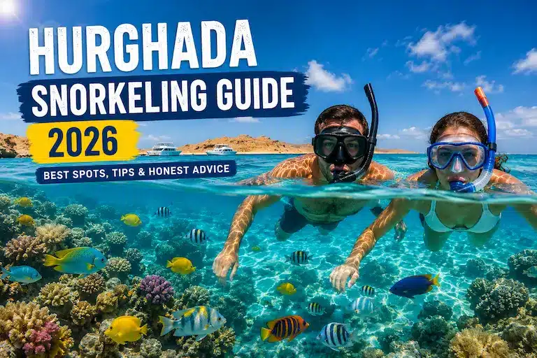 Tourists snorkeling above colorful coral reefs in Hurghada Red Sea Egypt