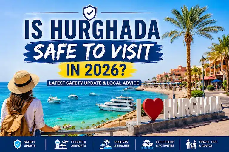 Tourists enjoying Hurghada's Red Sea resorts, marina, beaches, and boat trips in Egypt during 2026